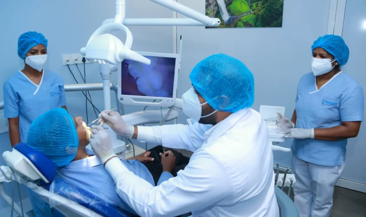 patient at a dental doing a checkup on teeth